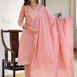 Anouk Peach Floral Embroidered V-Neck Pure Cotton Kurta With Pyjamas & Dupatta-picture-16