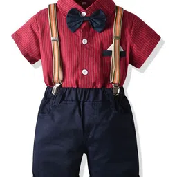 StyleCast Boys Red & Navy Blue Striped Shirt With Shorts & Suspenders-picture-21