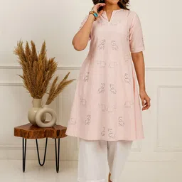 SPARROW Ethnic Motifs Embroidered Thread Work Pure Cotton Kurta With Trousers-picture-39