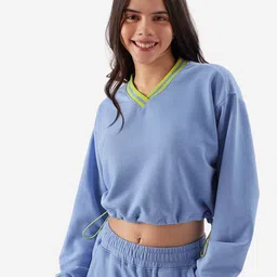 The Souled Store Blue V-Neck Crop Sweatshirt-image-72