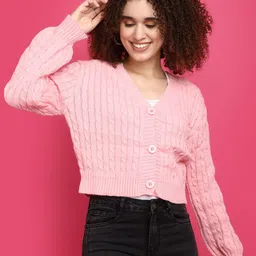 V-Mart Self Design Cable Knit Cotton Crop Cardigan Sweater-picture-27