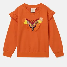 BYB PREMIUM Girls Orange Embroidered Ruffled Pure Cotton Sweatshirt-image-33