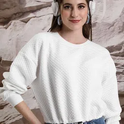 Tokyo Talkies White Textured Round Neck Long Sleeves Crop Sweatshirt-picture-34