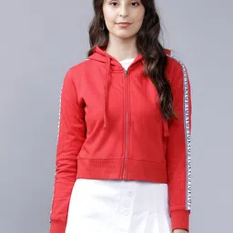 Tokyo Talkies Women Red Solid Hooded Sweatshirt-image-35