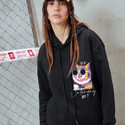 Bewakoof Heavy Duty Is It Caturday Printed Hooded Oversized Sweatshirt-picture-13