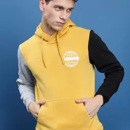 HIGHLANDER Men Yellow Colourblocked Hooded Pullover Sweatshirt-picture-32