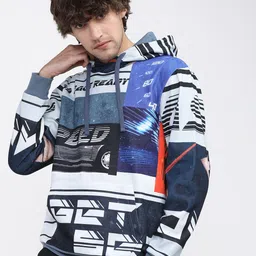 HIGHLANDER Men Blue & White Printed Hooded Sweatshirt-picture-28