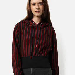 Campus Sutra Women Red Striped Hooded Sweatshirt-picture-11
