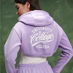 Tokyo Talkies Lavender Typography Printed Hooded Relaxed Fit Crop Sweatshirt-image-20