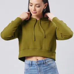 DOLCE CRUDO Women Olive Green Hooded Sweatshirt-picture-21