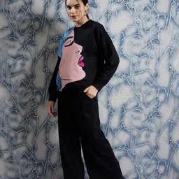 Athena Black Graphic Printed Drop Shoulder Sleeves Fleece Pullover image 3