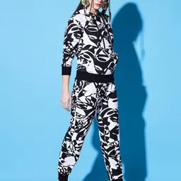 The Dry State Women Black & White Abstract Printed Hooded Sweatshirt image 3