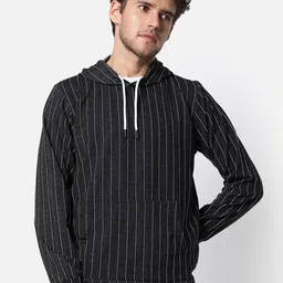Campus Sutra Men Charcoal Striped Hooded Sweatshirt-picture-13