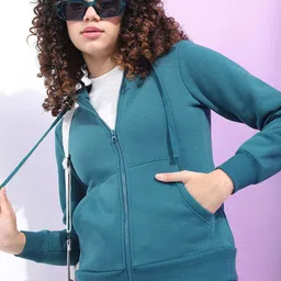 Tokyo Talkies Women Teal Hooded Sweatshirt-picture-17