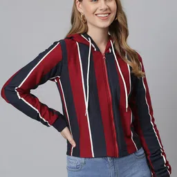 Campus Sutra Women Maroon Striped Hooded Sweatshirt-picture-28