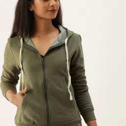 Campus Sutra Women Olive Green Solid Hooded Sweatshirt-picture-42