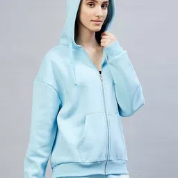DELAN Women Blue Fleece Hooded Sweatshirt image 5