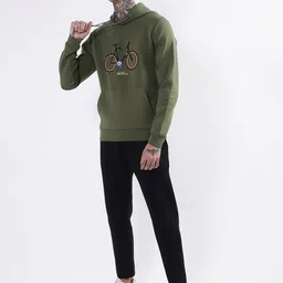 BEN SHERMAN Men Olive Green Printed Hooded Sweatshirt image 5