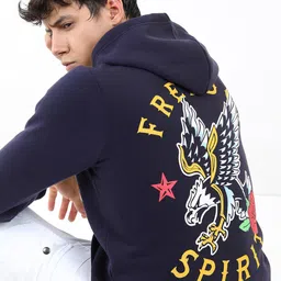 KETCH Men Navy Blue Printed Hooded Front Open Sweatshirt image 3