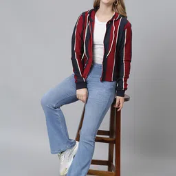 Campus Sutra Women Maroon Striped Hooded Sweatshirt image 3
