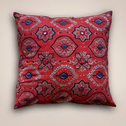 Peepul Tree Red & Blue Ethnic Motifs Embroidered Cotton Square Cushion Cover image 5