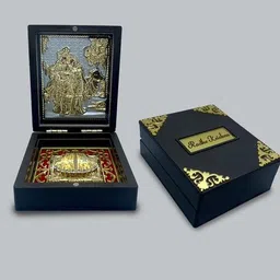 universal art xpress Gold Plated Radha-Krishna Pooja Box with Charan Paduka for Pooja Decorative Showpiece-12 cm image 2