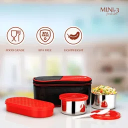 queen's kitchenware Double Decker Lunch Box Steel Lunch Box with Black Bag 3 Containers Lunch Box 3 Containers Lunch Box image 3