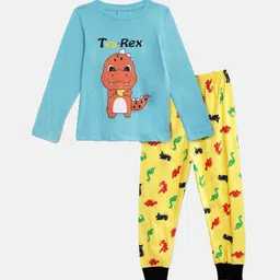 Wyld Sprog Boys Turquoise Blue & Yellow Printed Night suit-image-16