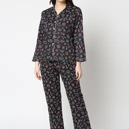 Pyjama Party Women Black & Blue Printed Night suit-image-87