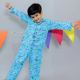 UNBIND Boys Floral Printed Lapel Collar Pure Cotton Night suit image 3