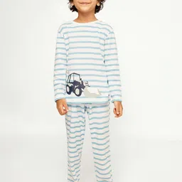 frangipani Boys Blue & White Striped Pure Cotton Night Suit-image-12