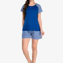 evolove Women Navy Blue & White Printed Pure Cotton Night suit-image-74