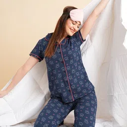Sweet Dreams Navy Blue & White Conversational Printed Pure Cotton Night Suits-image-99