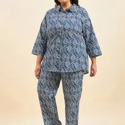 Sweet Dreams Plus Size Blue & White Ethnic Motifs Printed Pure Cotton Night Suit-image-42