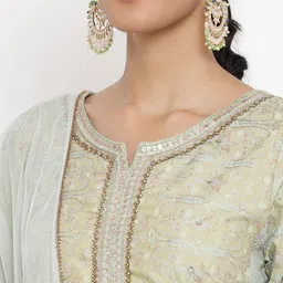WISHFUL Women Sea Green Ethnic Motifs Printed Sequinned Kurta with Trousers & With Dupatta image 2
