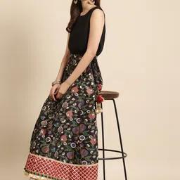 RANGMAYEE Women Black & Golden Foil Printed Flared Maxi Skirt image 4