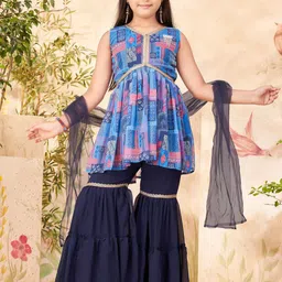 BAESD Girls Ethnic Motifs Printed V-Neck Gotta Patti A-Line Kurta With Sharara & Dupatta image 5