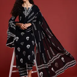 Indo Era Floral Printed Regular Pure Cotton Kurta With Trousers & Dupatta image 1