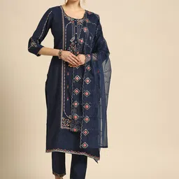 Sangria Women Blue Ethnic Motifs Embroidered Kurta with Trousers & With Dupatta image 5