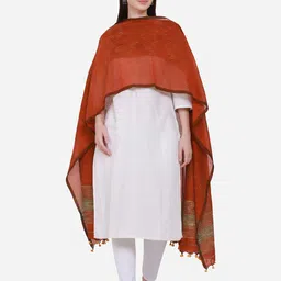 THE WEAVE TRAVELLER Rust & Beige Striped Pure Cotton Dupatta-image-4