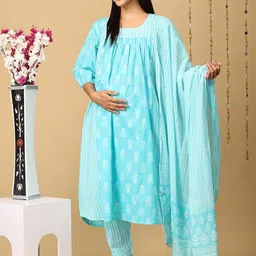 The Mom Store Women Floral Printed Regular Pure Cotton Kurta with Pyjamas & With Dupatta-picture-10