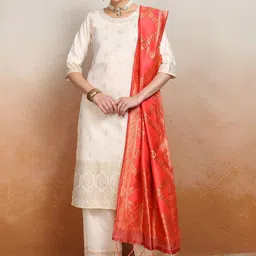 Vishudh Cream Coloured Woven Design Zari Straight Kurta With Palazzos &  Dupatta-picture-39