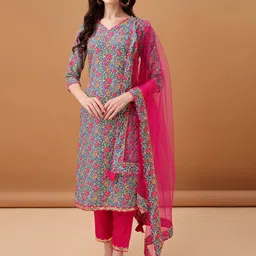 GORGONE Women Floral Printed Regular Kurta with Trousers & With Dupatta image 1