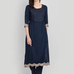 githaan Women Navy Blue Pleated Kurti with Trousers & With Dupatta-image-24