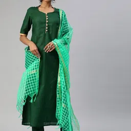 Tulsattva Women Green Pure Cotton Kurta with Trousers & With Dupatta-image-29