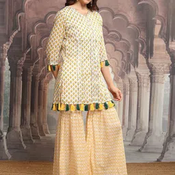Vishudh Yellow Printed Gotta Patti Pure Cotton A-Line Kurta With Sharara & Dupatta image 1