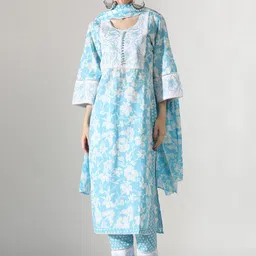 Anouk Floral Printed Thread Work Pure Cotton Kurta with Trousers & With Dupatta-image-52
