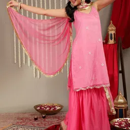 Varanga Women Pink Embroidered Sequinned Kurta with Sharara & Dupatta image 1