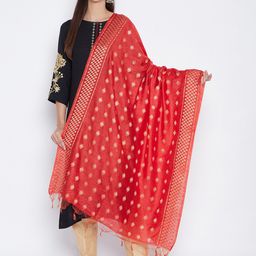 Clora Creation Red & Gold-Toned Woven Design Pure Cotton Dupatta-picture-20
