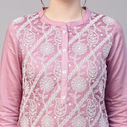 FASHOR Women Purple Striped Chikankari Kurta with Trousers & With Dupatta image 2